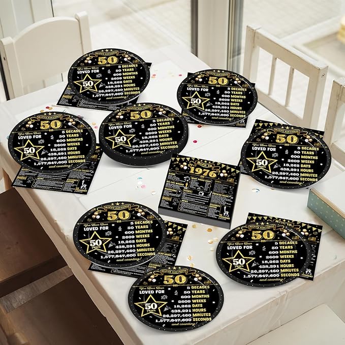 CHUNNIN 50Pcs 50th Birthday Plates and Napkins Back in 1976 Party Decorations Black Gold 50 Year Old Party Dessert Plates 1976 Disposable Tableware for 50th Theme Men Woman Birthday Supplies