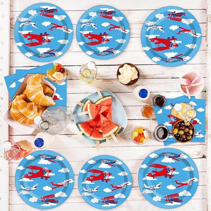 Airplane Birthday Party Supplies Serves 24 Plane Party Paper Plates Napkins Set Airplane Tablecloth Tableware Kit for Baby Shower Decorations Kids Boys Girls