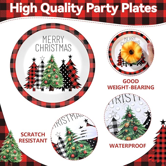 50Pcs Christmas Buffalo Plaid Tree Paper Plates and Napkins Red and Black Checkered Table Decoration Merry Christmas Disposable Party Tableware Set Serves 25 Guest Winter Xmas Holiday Party Supplies