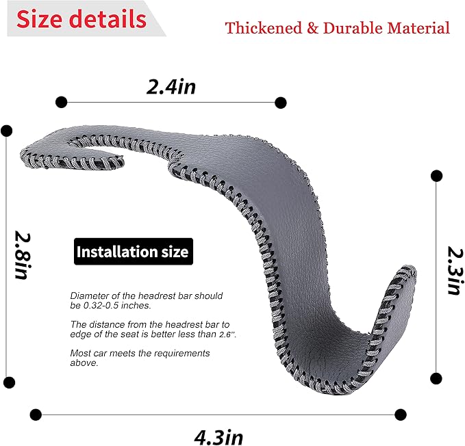 Amooca Car Seat Headrest Hook Universal Vehicle Storage Hanger Leather with Metal Car Seat Back Organizer for Handbag Purse Coat Grey 2 Pack