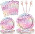 100PCS Iridescent Diamond Birthday Party Plates Napkins Forks Supplies Set Holographic Tableware Party Supplies Gem Stone Dinnerware Decorations Favors for Girls Kids Birthday Serves 25