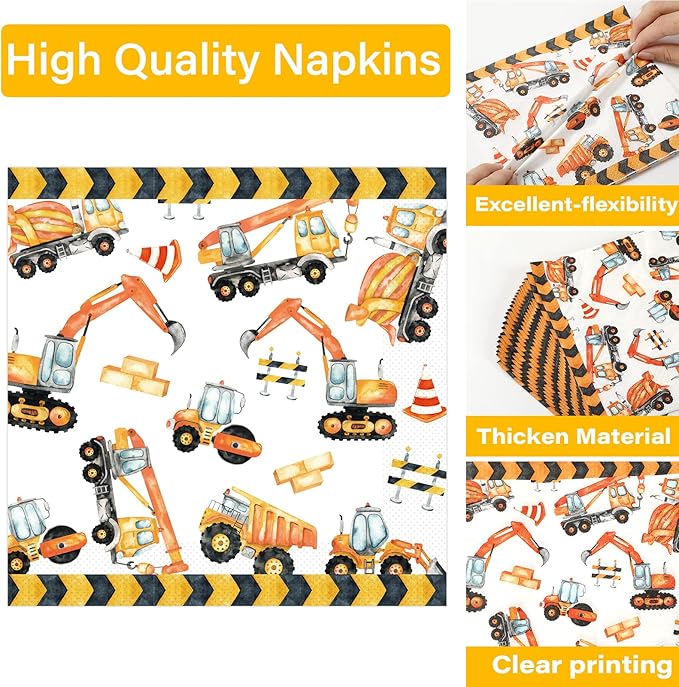 100 Pcs Construction Birthday Party Plates and Napkins Set Dump Truck Birthday Party Decorations Supplies Construction Tableware Construction Themed Party Favors for Boys Birthday Serves 25