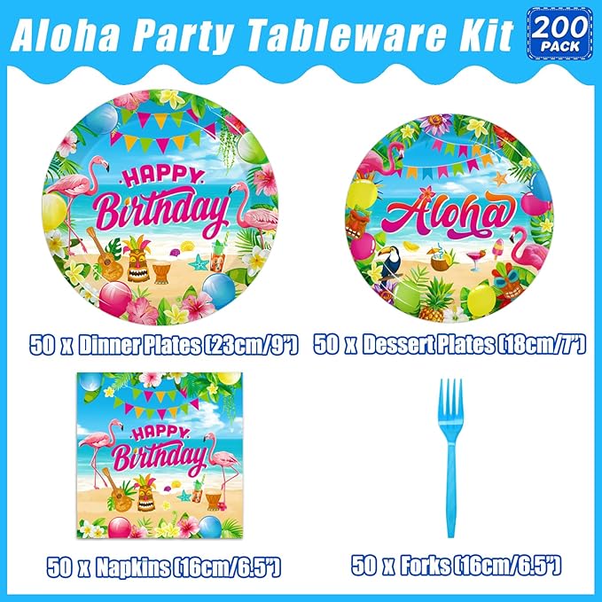 200Pcs Hawaiian Aloha Party Tableware Set, Luau Tropical Birthday Party Decorations Supplies for Summer Beach Pool Retirement Baby Shower Disposable Paper Plates Napkins Forks for 50 Guests