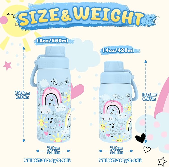 GOPPUS 19oz Kids Water Bottle with Spout Lid, Toddler Water Bottle, Stainless Steel Insulated Water Bottle, Leakproof, BPA Free, Suitable for Boys and Girls for School（Rainbow）