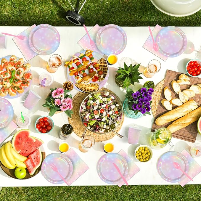 168Pcs Pink Pastel Rainbow Party Decorations Pink Iridescent Plates and Napkins Cups Tableware Sets Rainbow Party Decorations for Rainbow on Cloud 9 Birthday Weddings Baby Shower Supplies Serves 24