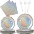 96 Pcs Iridescent Birthday Tableware Set Iridescent Party Supplies Decorations Holographic Foil Paper Plates and Napkins for Bachelorette Wedding Y2K Disco 24 Guest Birthday Party Favor