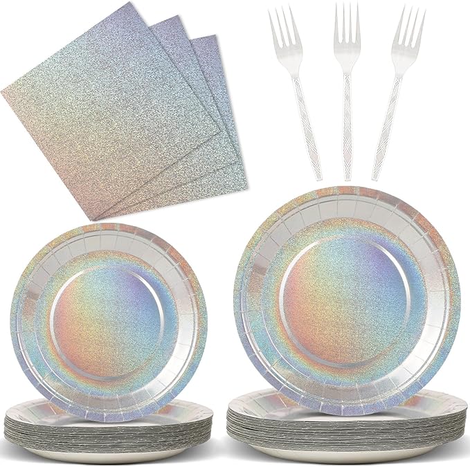 96 Pcs Iridescent Birthday Tableware Set Iridescent Party Supplies Decorations Holographic Foil Paper Plates and Napkins for Bachelorette Wedding Y2K Disco 24 Guest Birthday Party Favor