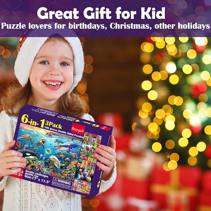 Puzzles for Kids Ages 4-6 and 6-8,3 Pack 100 Pieces Double Sided Jigsaw Puzzles for Kids Ages 8-10 Year Old (6-in-1),Learning Educational Puzzles Toys for Boys and Girls,17” x 11.5”