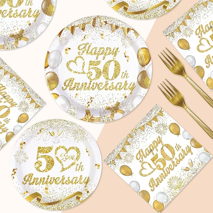 Grencian 96pcs 50th Wedding Anniversary Decorations Golden 50th Anniversary Party Plates and napkins White and Gold Paper Tableware Set Party Supplies Party Favors for Men Women Parents, Serve 24