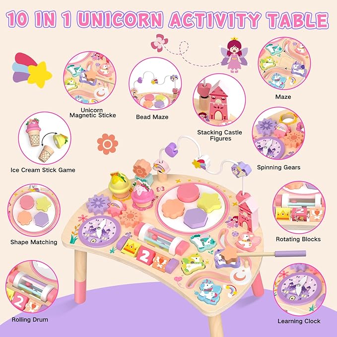 Wooden Activity Table for Toddlers 1-3, Unicorn 10-in-1 Montessori Busy Board with Bead Maze Shape Matching Gears Clock, Sensory Learning Toys for 1 2 3 Year Old Girls Boys Birthday Gift