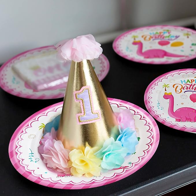 96 Pcs Dinosaur Birthday Party Plates Napkins Forks Supplies Tableware Set Disposable Table Dinosaur Theme Decoration for Girl Birthday Party, Serves 24 Guests