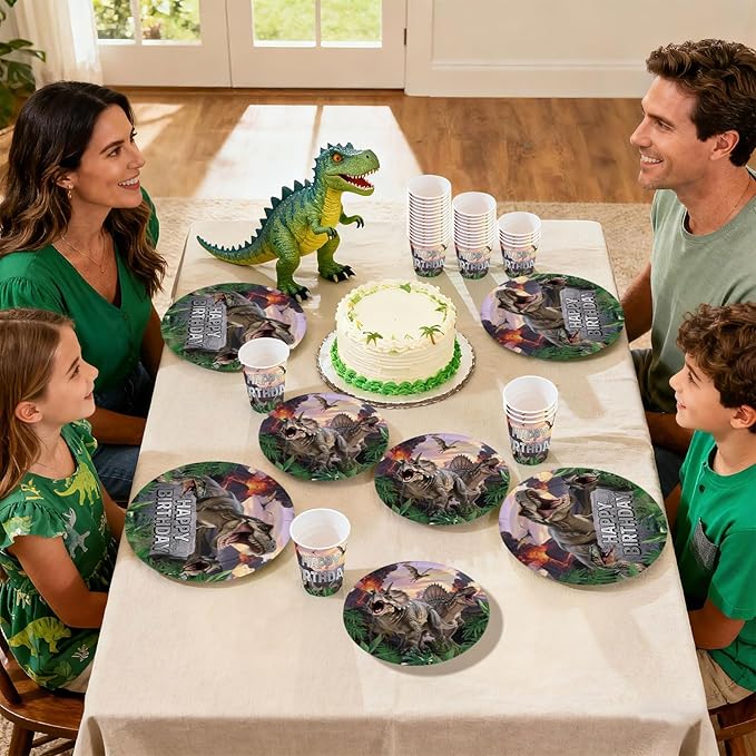 168Pcs Dinosaur Birthday Party Supplies Classic Dino Themed Paper Plates Napkins Cups Realistic Dinosaur Jungle Disposable Tableware for Kids Boys Birthday Party Decorations Serves 24