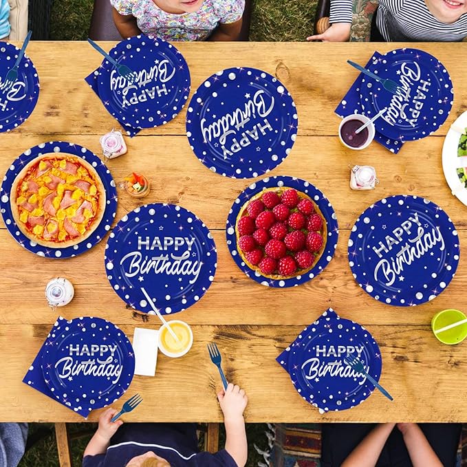 Grencian 96Pcs Blue and Silver Birthday Party Decorations Silver Polka Dots on Blue Paper Plates and Napkins Disposable Tableware for Women Men Birthday Party Graduation Decorations 2026 Serves 24