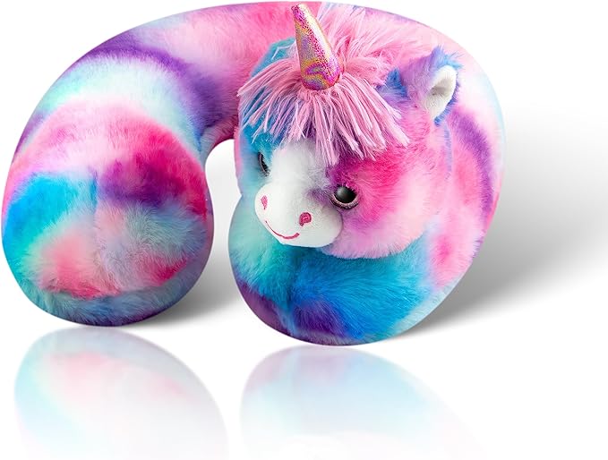 Cloudz Kids Super Soft N' Cuddly Animal Airplane Travel Neck Pillow! Keep Children Comfy and Supported with a Buddy While Traveling or just Resting at Home - Pink/Blue Unicorn