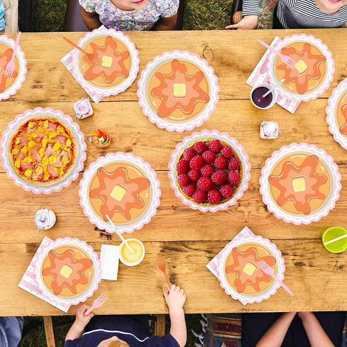 96 Pcs Pancakes and Pajamas Scalloped Party Supplies Pajama Brunch Birthday Plates and Napkins Pink Night Sleepover Tableware Set for Girl Brunch Slumber Birthday Party Supplies, Serves 24