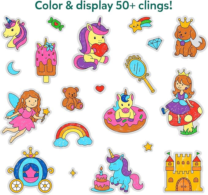 Skillmatics Cling Art – Color Clingz Unicorns & Princesses, 50+ Reusable Static Stickers, Mess-Free Fun for Kids, DIY Craft Kits & Supplies, Travel Toys, Creative Gifts for Kids Ages 3, 4, 5, 6, 7