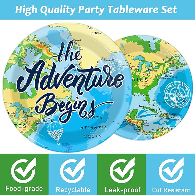 Wiooffen 96 Pcs Adventure Awaits Party Supplies Travel Map Birthday Plates Napkins Forks for Birthday Retirement Going Away Bon Voyage Paper Tableware Set Adventure World Party Decorations 24 Guests