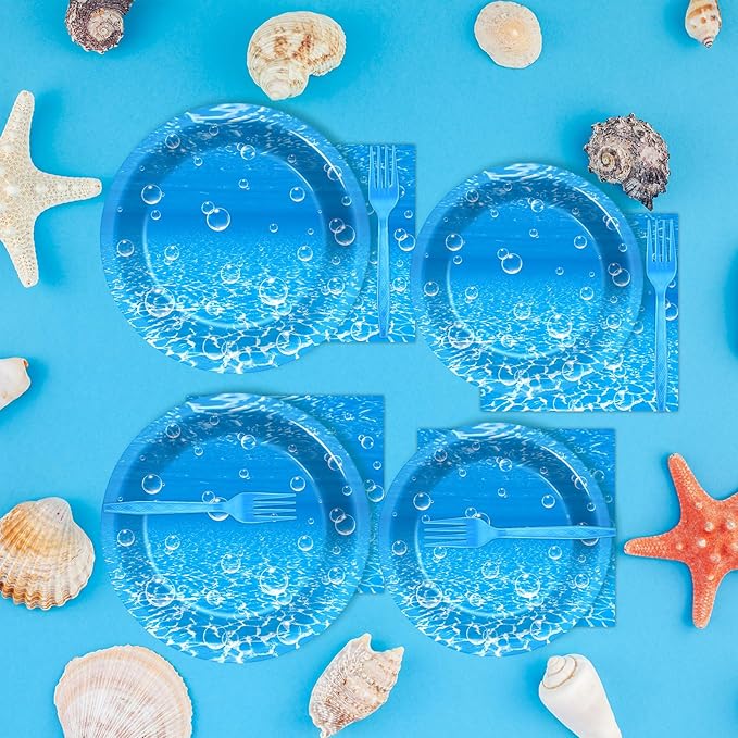 96Pcs Ocean Theme Party Plates and Napkins for Under the Sea Bubbles Birthday Party Supplies Underwater Paper Dessert Cake Plates Ocean Tableware Set for Kids Boys 24 Guests Birthday Party Decorations