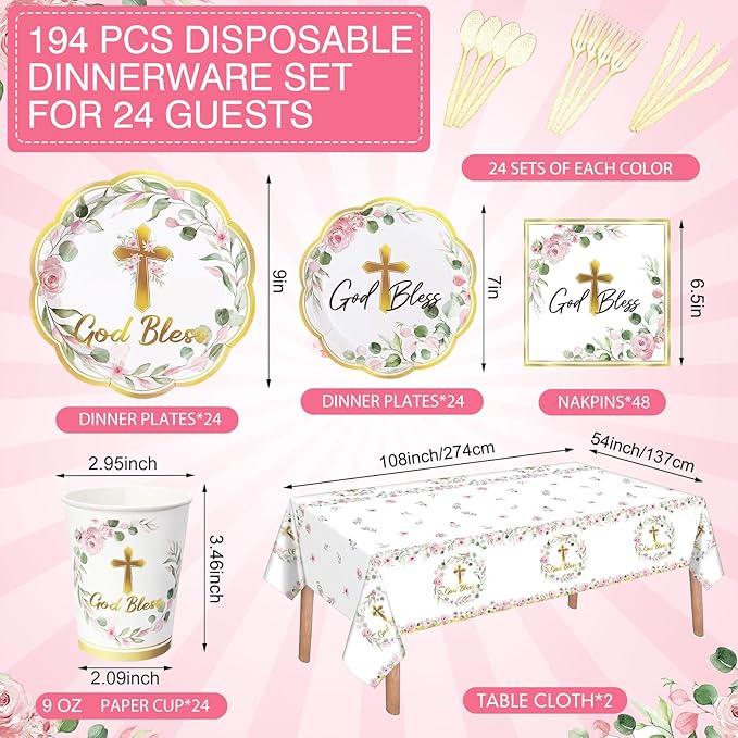 Pickmesh 194 Pcs God Bless Baptism Party Decoration Girl for 24, Pink Floral Baptism Confirmation Paper Plate Napkin Cup Tablecloth Cutlery for First Holy Communion Christening Baby Shower Supplies