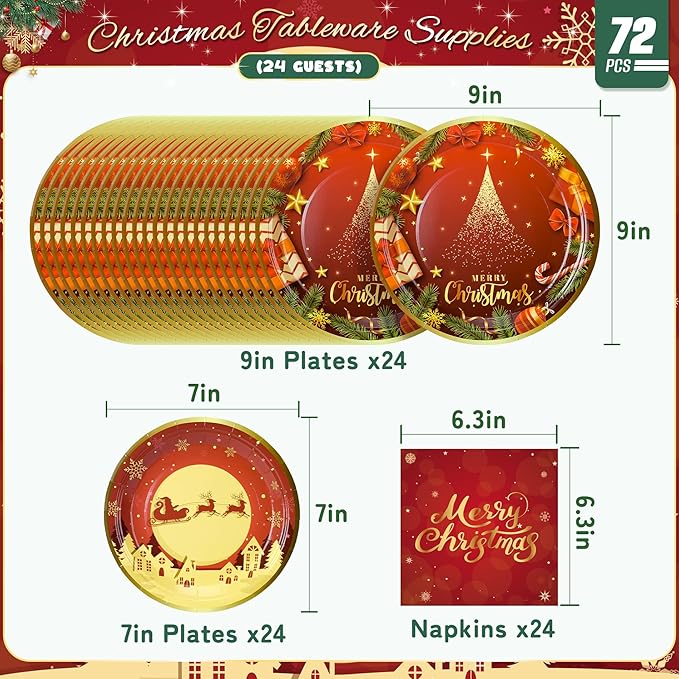 72PCS Christmas Plates and Napkins for Party Decorations, Set of 24 Merry Christmas Disposable Tableware Supplies, Red Gold Christma Tree Paper Plates for Xmas Party