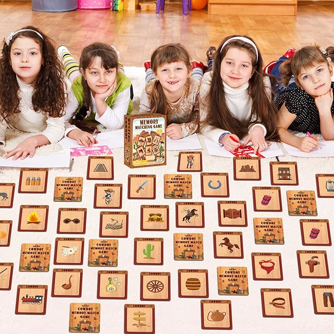 gisgfim 100 PCS Memory Matching Game Cowboy Concentration Memory Card Games for Kids Educational A Fun & Fast Western Party Favor Wild West Theme Matching Games