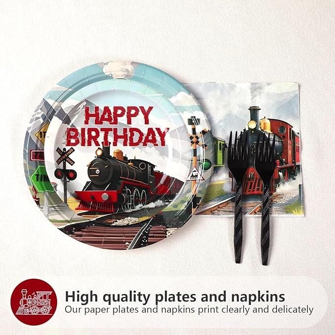 Grencian 96Pcs Train Birthday Party Decorations Vintage Steam Train Paper Plates and Napkins Retro Trains Disposable Tableware Sets for Boys Trains Themed Birthday Party Supplies Serves 24