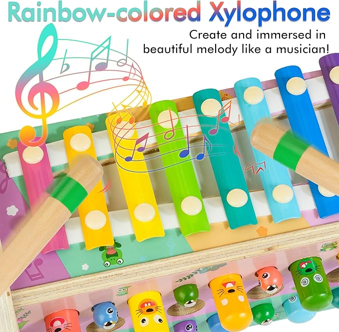 6-in-1 Wooden Montessori Toys for 1 Year Old, Mole-Tapping Game | Play the Xylophone | Frog Clock | Carrot Harvest Game | Spinning Gear, Baby Girls Toy Birthday Gift Early Learning