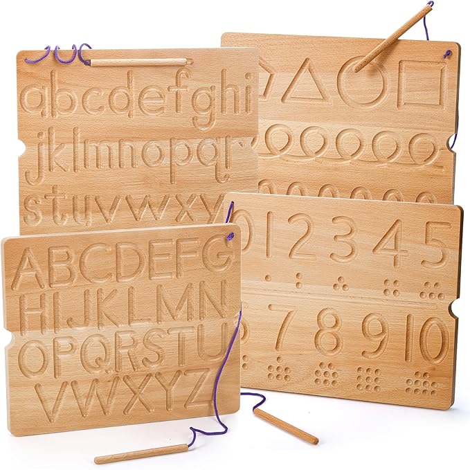 Suwimut Number & Letter Tracing Board, Portable Wooden Alphabet Learning Sensory Pad Board Montessori Toys for Kids Age 3-5, Double Sided Writing Tools for Beginner Preschool Classroom 3+ Years Old