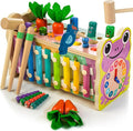 6-in-1 Wooden Montessori Toys for 1 Year Old, Mole-Tapping Game | Play the Xylophone | Frog Clock | Carrot Harvest Game | Spinning Gear, Baby Girls Toy Birthday Gift Early Learning