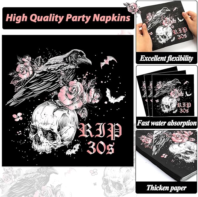 Qyeahkj 100 Pcs 40th Birthday Party Supplies Death to My 30s Paper Plates and Napkins Set Black Rose Gold Rip to My 30s Disposable Tableware Decorations for Women Thirties Funeral Youth Serve 25 Guest