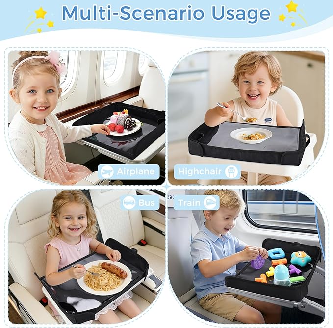 COOLBEBE Airplane Tray Table Cover, Foldable Travel Tray Cover for Toddlers 1-3, Universal Fit for Airplane, Car Seat, High Chair, Machine Washable, Portable, Black