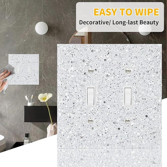 Silver Glitter Light Switch Cover Plate - Glossy Finish, 5.10" x 5.10" - Sparkle Double Toggle Wall Plate