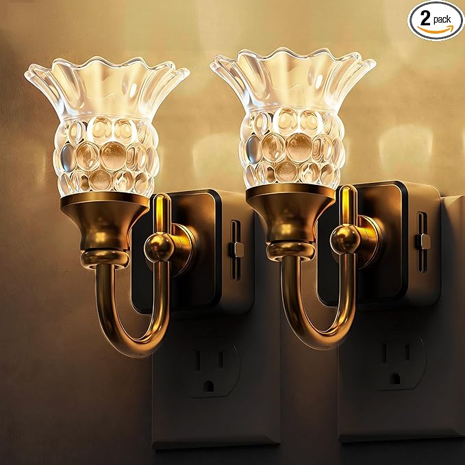 L LOHAS LED Night Lights Plug into Wall, 2 Pack 3000K Soft White LED Floral Night Light with Auto Sensor, 0-100lm Adjustable Brightness Plug in Nightlight, for Hallway Bedroom Stairway Gift