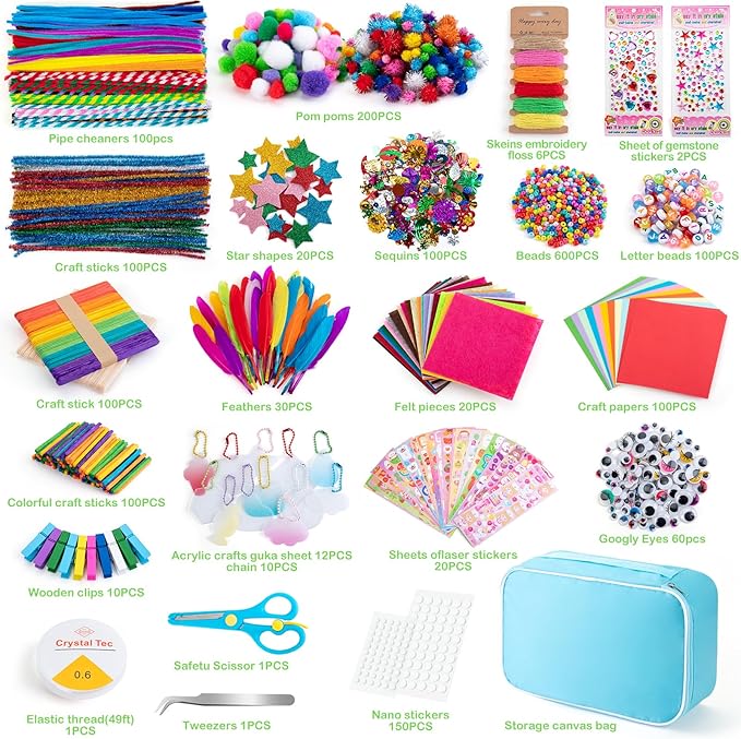 Sundaymot Arts and Crafts Supplies for Kids, 2000+Pcs DIY Craft Kits, Ages 6-10, Educational Preschool and Homeschooling Arts Programs, Children Craft Kits, Gifts for Boys and Girls.