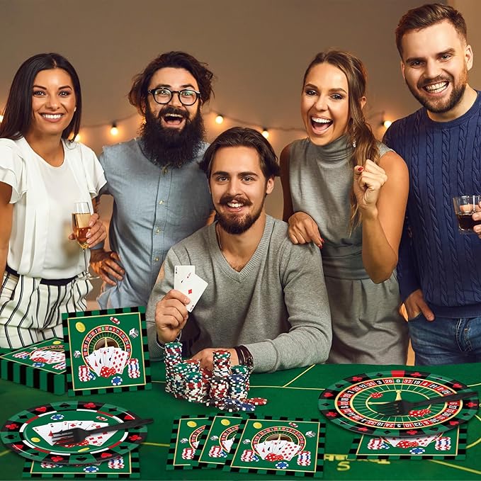 96 Pieces Casino Themed Party Tableware Set for Las Vegas Birthday Party Decorations Casino Poker Card Birthday Party Dessert Paper Plates Napkins Forks for 24 Guests Poker Card Playing Club Supplies
