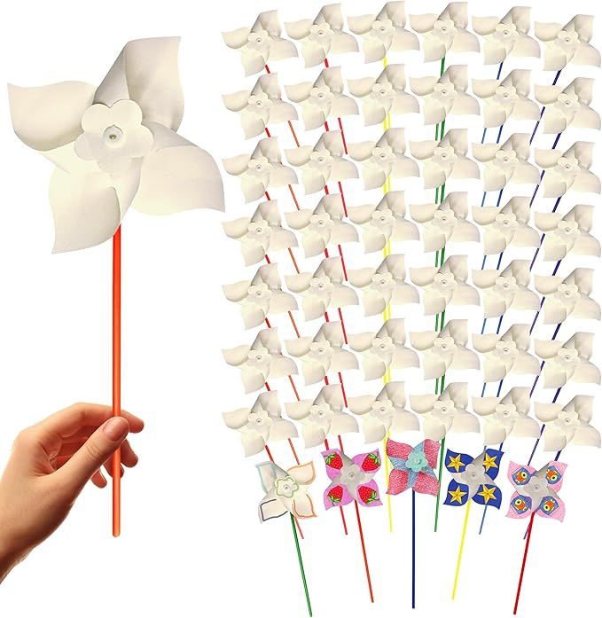 4E's Novelty DIY Pinwheels Craft for Kids (100 Pack) Color Your Own White Pinwheels, Bulk Summer Spring Craft Kit for Boys & Girls, Arts and Craft Party Activity, Easter Craft for Kids Bulk