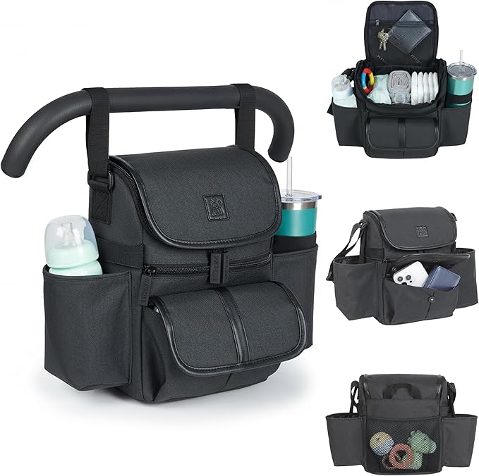 NT·hut Baby Stroller Organizer, Stroller Caddy Bag with 2 Wide Cup Holders & Bottle Straps, Universal Strap Fit, Fits 11" Tablet, Magnetic Pocket, Zipper & Mesh Pockets, Water Resistant 600D (Black)