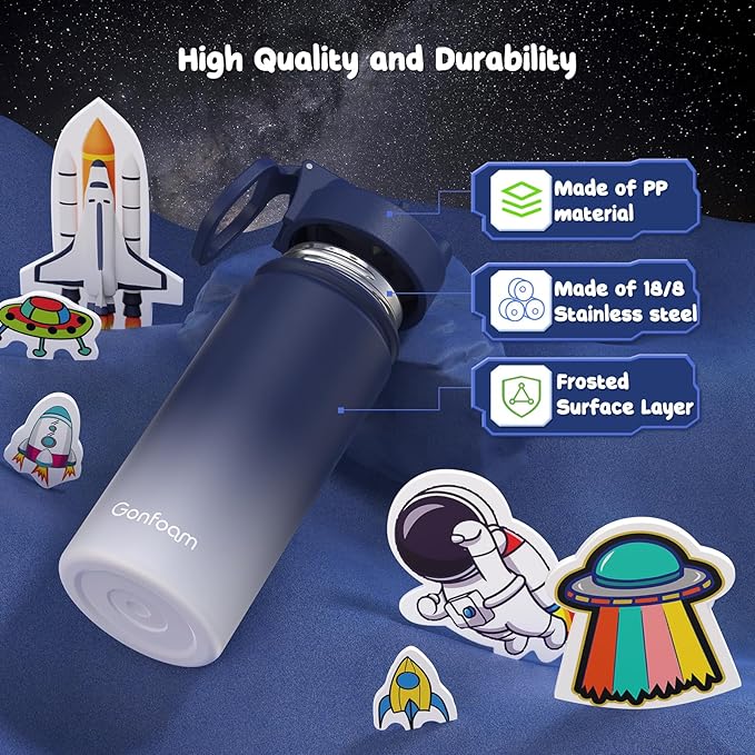 Kids Water Bottle, 16oz Kids Water Bottle with Stickers for School, insulated Stainless Steel Straw Cup(Blue/Gray)