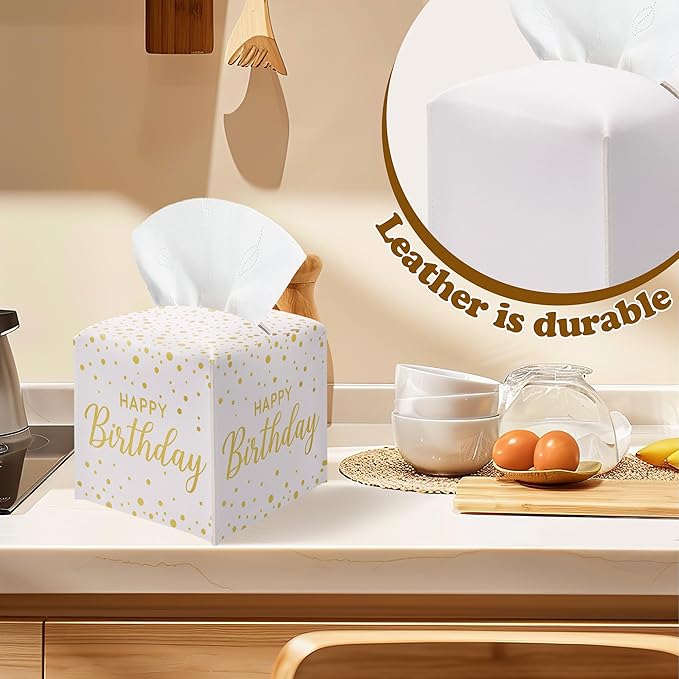 Happy Birthday Gold Foil Dots Tissue Box Cover - Square PU Leather Tissue Holder with Belt Bottom, Decorative Birthday Gift Idea for Birthday Party, Bathroom, Home Office & Car Decorations