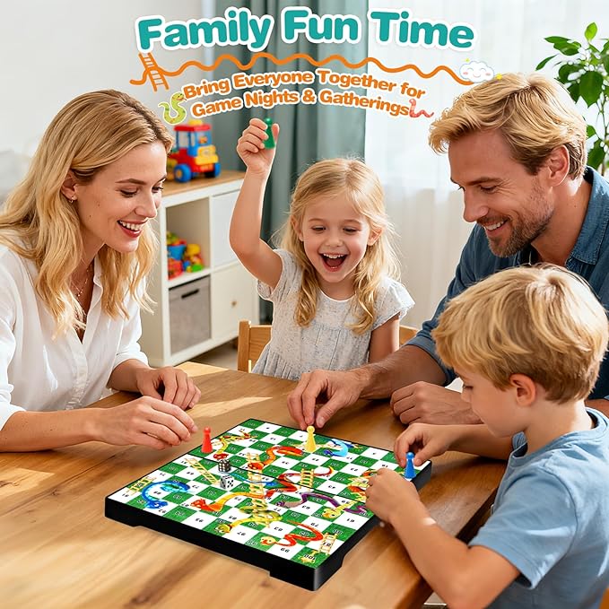 Magnetic Snakes and Ladders Board Game for Kids and Adults - 9" Compact Portable Travel Games with Pieces and Dice, Classic Foldable Family Game Set for 2-4 Players Ages 3 and Up