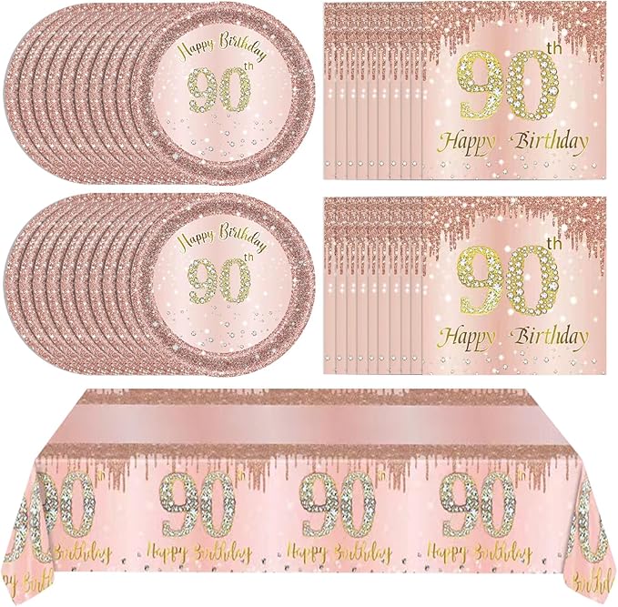 41Pcs 90th Birthday Decorations, Rose Gold Birthday Party Supplies Include 20Pcs Plates 20Pcs Napkins and 1Piece Tablecloth, Sweet Ninety Year Old Birthday Party Tableware for Girl Ladies Women