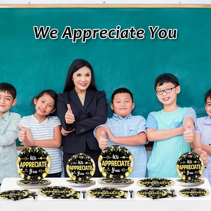 96Pcs We Appreciate You Party Plates and Napkins for Employee Staff Appreciation Black Gold Supplies Work Anniversary Themed Plate Thank You Tableware Set for Teacher 24 Guests Party Decorations