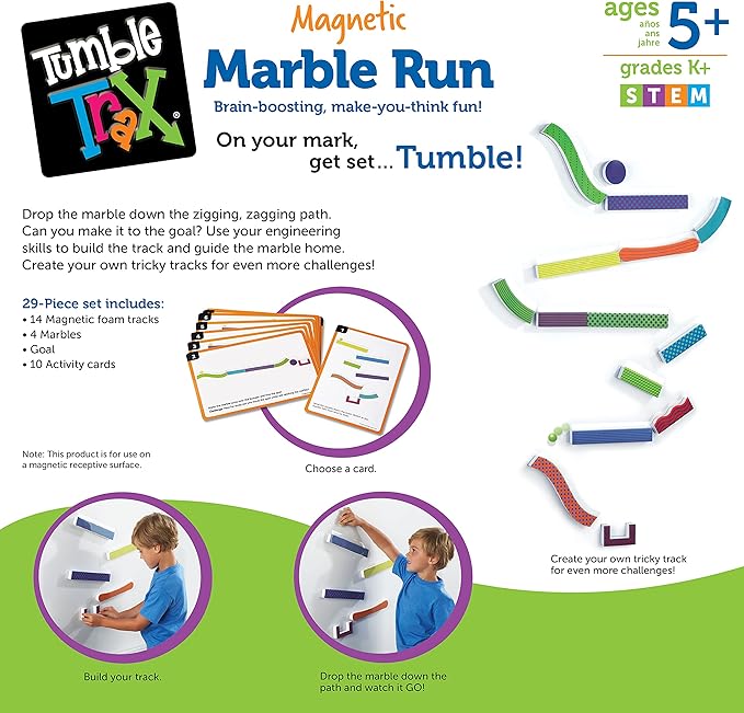 Learning Resources Tumble Trax Magnetic Marble Run - STEM Toys, Marble Runs for Kids 4-8, Marbles for Kids, Gravity Maze, Marbles Game, Ball Maze Toy, STEM Magnetic Track Toy