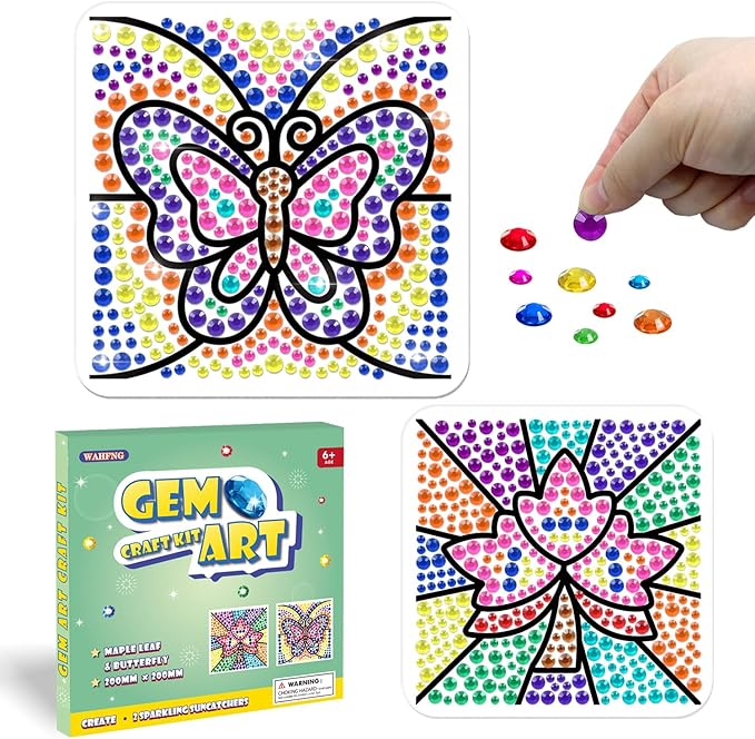 WAHFNG Gem Art, Kids Diamond Art Kit -Window Art Suncatcher Kit - Arts and Crafts for Girls and Boys Ages 6-12 - Best Gift Ideas for Age 4, 5, 6, 7, 8, 9, 10-12, 6-8 (Maple Leaf & Butterfly)