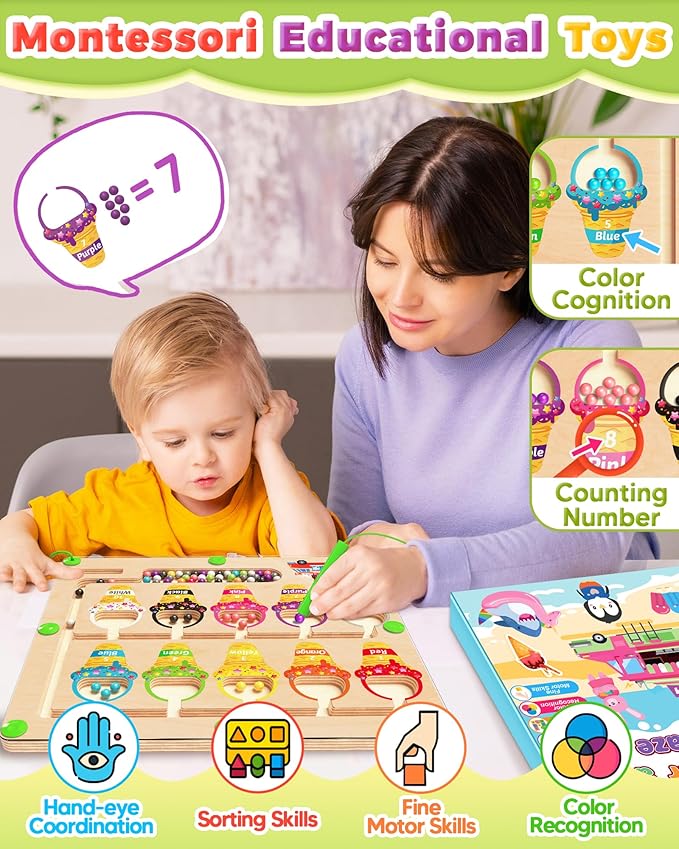 Kidific Magnetic Color and Number Maze, Montessori Toys for 2 3 4 Year Old, Wooden Color Matching Puzzle Board, Preschool Learning Activities Travel Toys for Ages 2-4 for Girls Boys Birthday Gifts