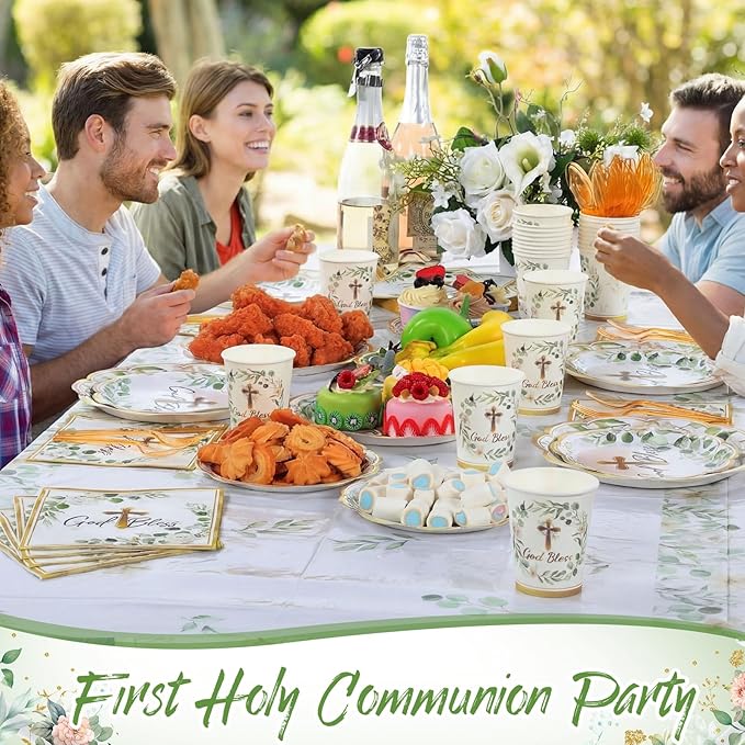 Pickmesh 194 Pcs God Bless Baptism Party Decoration Boy for 24, Sage Green Baptism Confirmation Paper Plate Napkin Cup Tablecloth Cutlery for First Holy Communion Christening Baby Shower Supplies