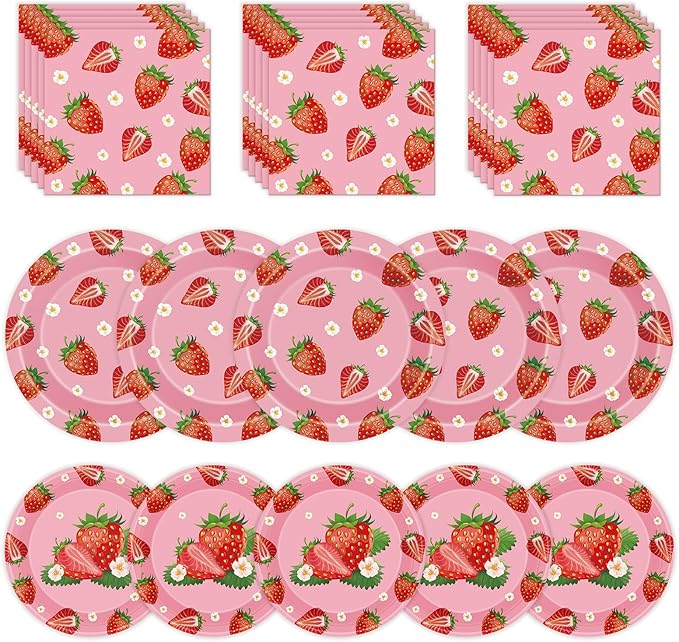 40 Pcs Strawberry Plates and Napkins Sets, Strawberries Dinner Dessert Paper Plates Summer Berry Napkins Tableware Kit for Fruit Strawberry Party Birthday Decorations Supplies Table Decor, Serve 20