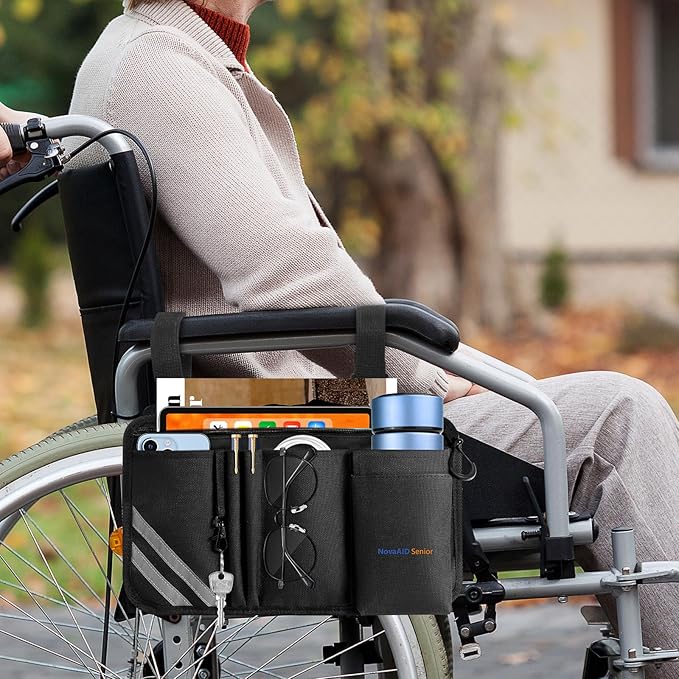 Wheelchair Side Bag with Cup Holder, Universal Armrest Organizer with Reflective Strips & Mesh Pockets, Water-Resistant Storage for Wheelchairs, Walkers, Rollators & Strollers (Black)
