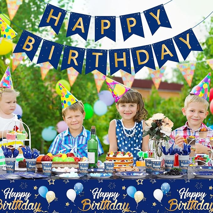 Pajean Blue Happy Birthday Party Tableware Set Birthday Decoration Banner and Tablecloths Decoration Plates Cups Napkins Dinnerware for 24 Guests Party Supplies(Blue and Gold)