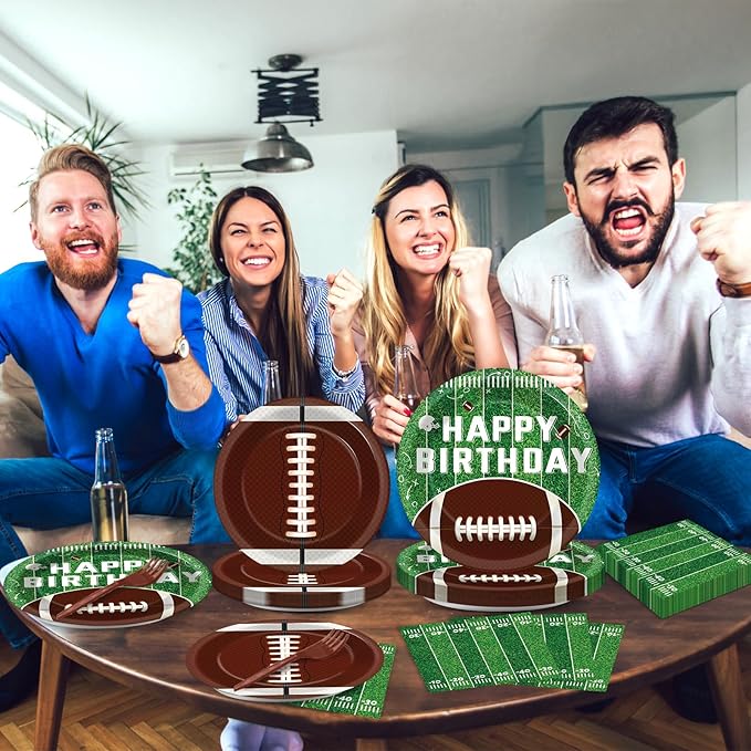 100 Pcs Football Party Supplies Set Football Birthday Plates and Napkins Sports Party Tableware Packs Decorations Sports Disposable Paper Plates Napkins Forks Serve 25